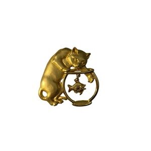 Vintage‎ Signed JJ Jonette Gold Tone Cat Kitty Kitten Fish Bowl Brooch Pin